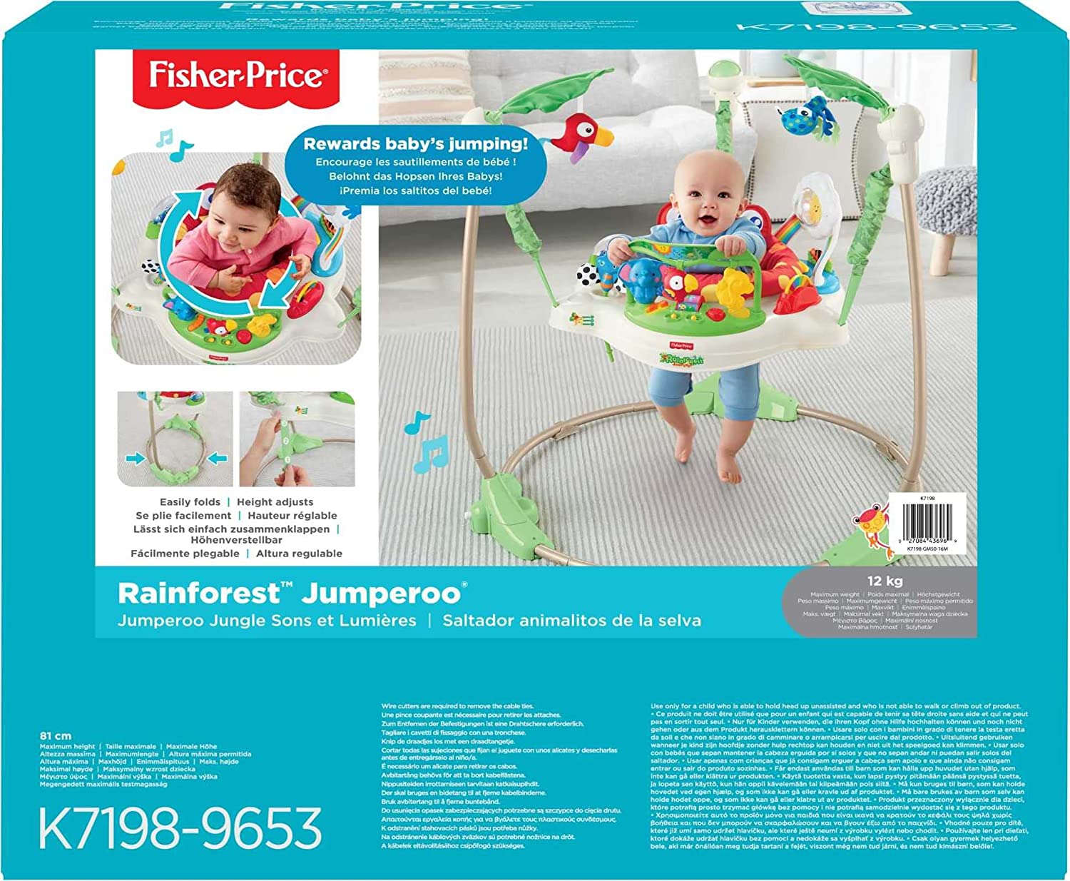 Fisher-Price Rainforest Jumperoo， freestanding baby activity center with lights， music， and toys