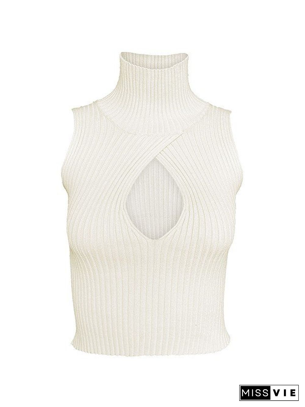 Cutout Turtleneck Ribbed Knit Cropped Tank Top