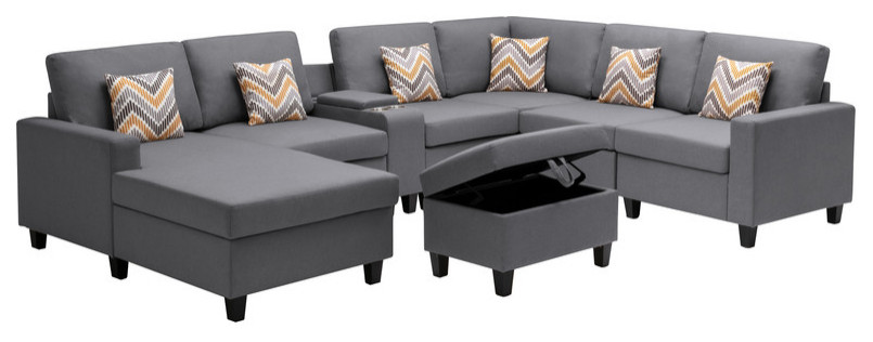 Nolan Linen 8 Piece Reversible Chaise Sectional Ottoman Storage Console   Contemporary   Sectional Sofas   by Lilola Home  Houzz