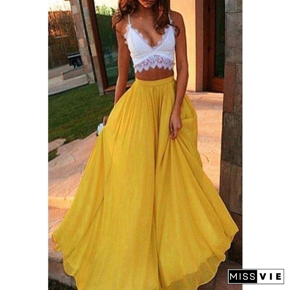 Summer Women High Waist Skirt Plus Size Elastic Waist Big Swing Long Dress Fashion Boho Loose Maxi Dresses