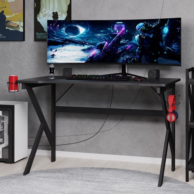 Lavish Home Gaming Computer Desk With Cup Holder Headphone Hanger Cable Management Black