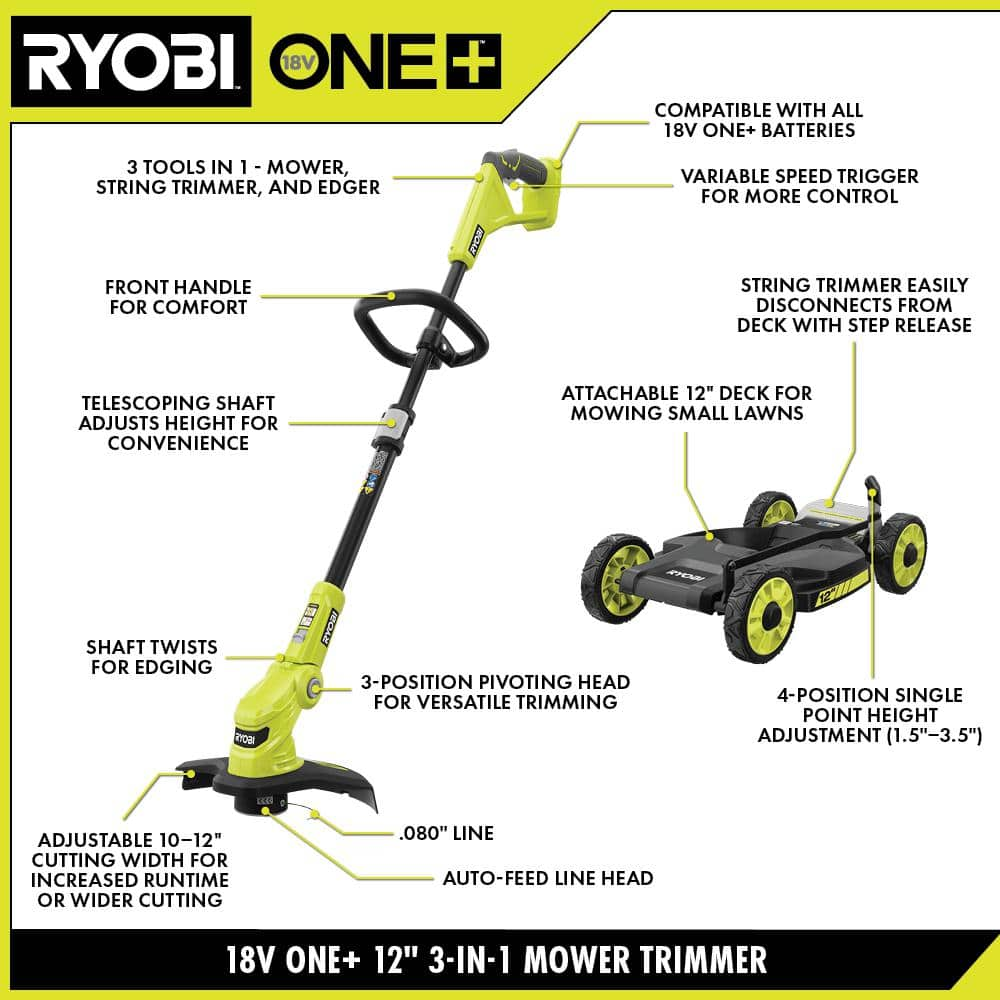 RYOBI ONE 18Volt 12 in Cordless 3in1 Trim Mower with Extra 3Pack of Spools 40 Ah Battery and Charger