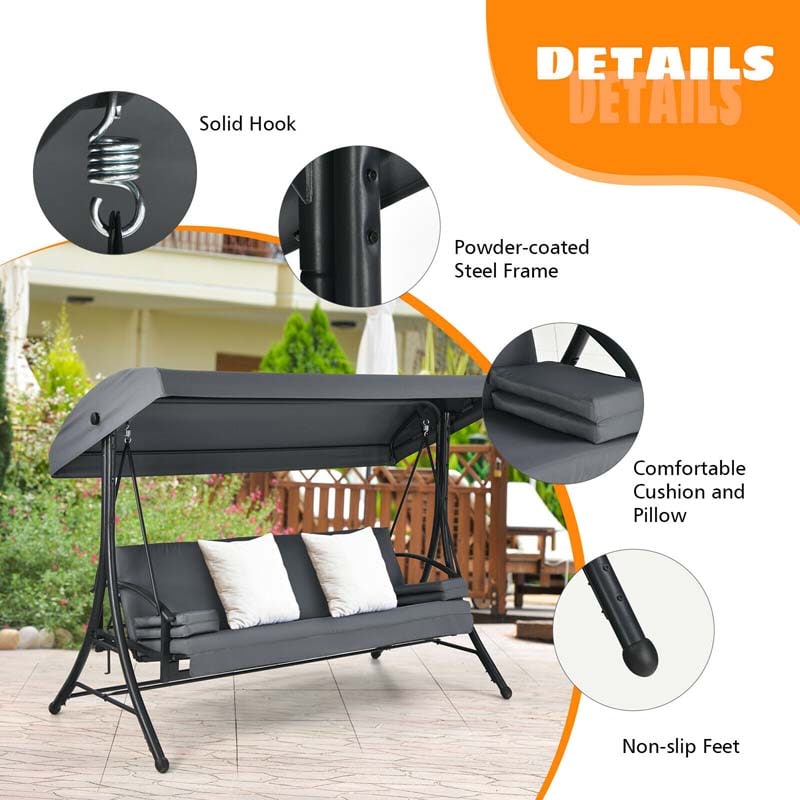 2-in-1 Convertible Metal Porch Swing Chair Bench Glider, 3-Seater Outdoor Patio Swing with Adjustable Tilt Canopy