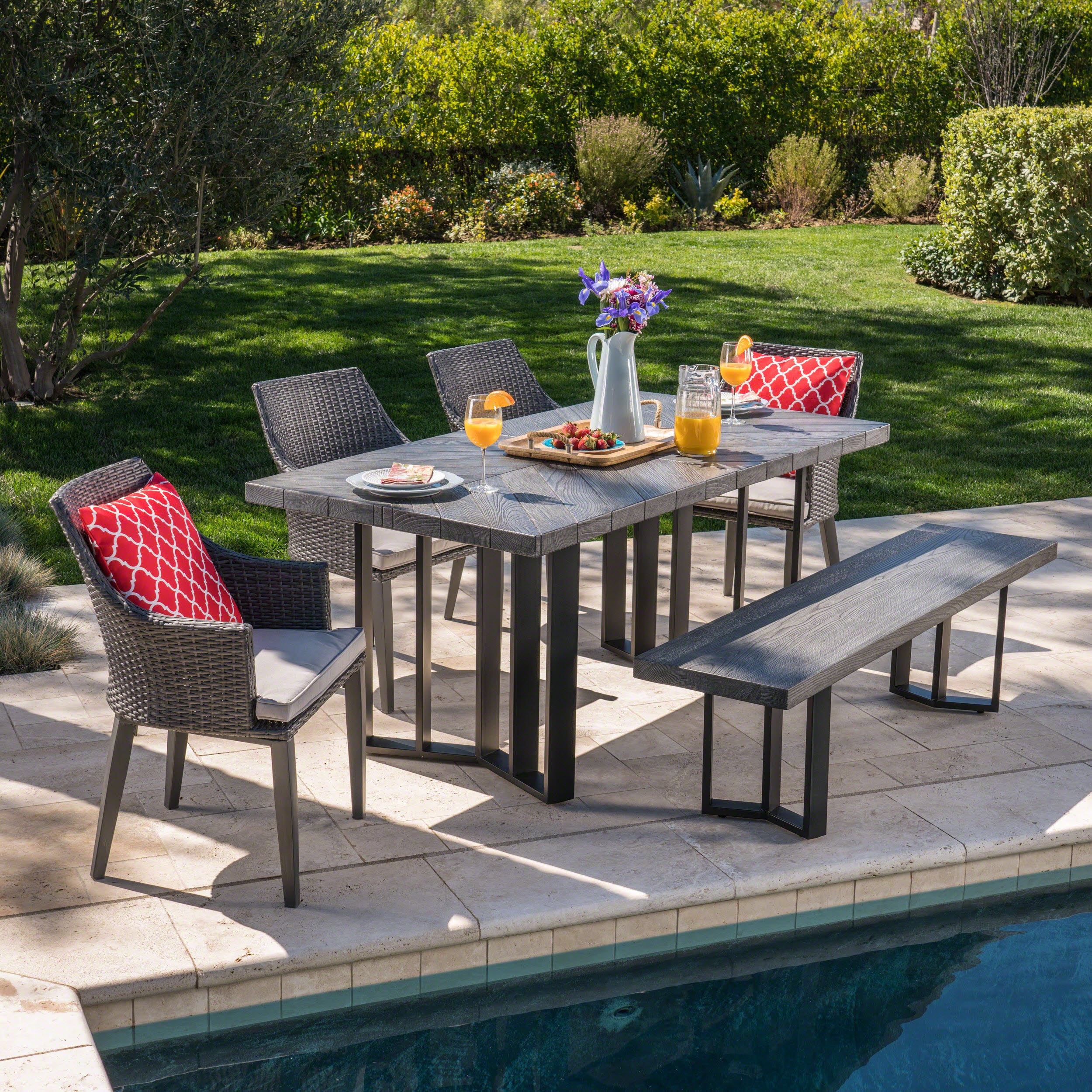 Valby Outdoor 6 Piece Wicker Dining Set with Concrete Dining Table and Bench