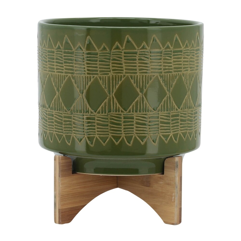 Handmade Olive Green Ceramic Planter on Natural Wood Stand