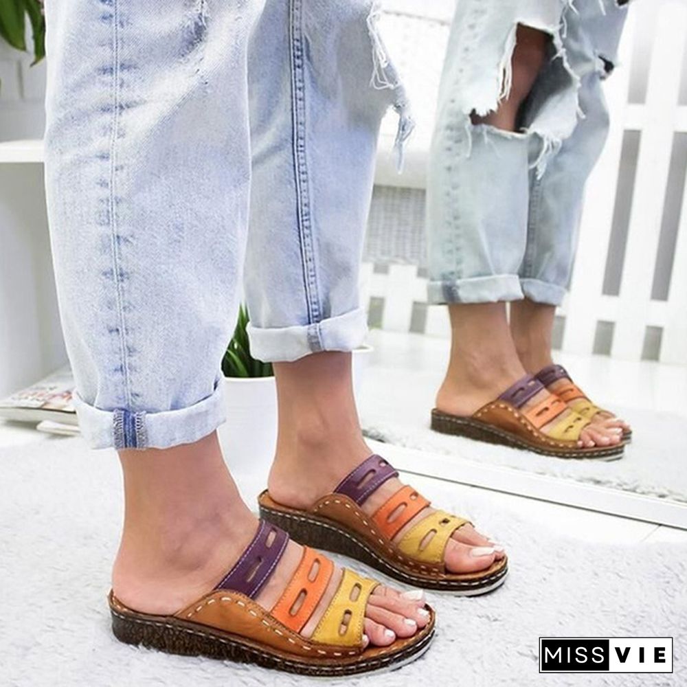 Women Summer Beach Sandals Plus Size Slippers Low Heels Wedge Open Toe Sandals Femme Hollow-out Slippers