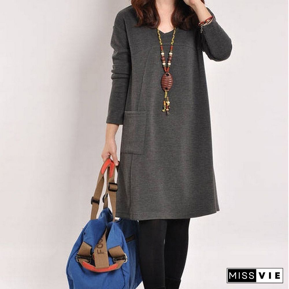 Women Autumn Long Sleeve Pocket Loose Maternity Swing Dress Casual Cotton V-neck Pregnancy Dress