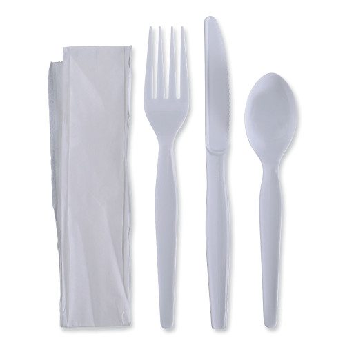 Boardwalk Four-Piece Cutlery Kit， Fork/Knife/Napkin/Teaspoon， Heavyweight， White， 250/Carton (FKTNHWPSWH)