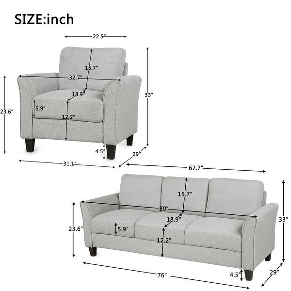 2-piece Sets Living Room Furniture with Fabric Upholstered Single Chair and 3-seat Sofa Sets， Track Arms and Wood Frame Couches