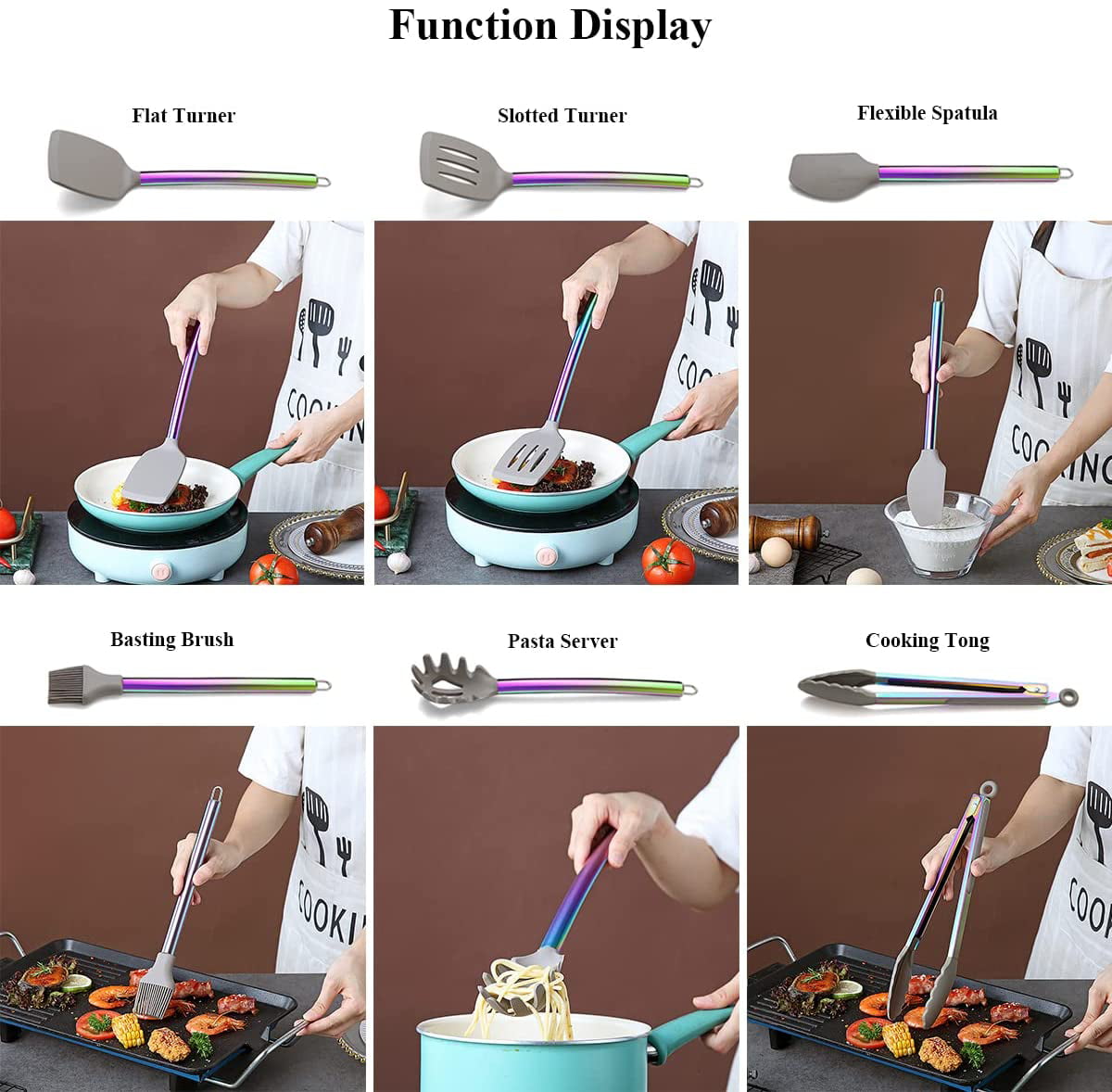 Just Houseware 38 Pcs Silicone Kitchen Cooking Utensil Setwith Utensil Rack, Food Grade Silicone Spatula Set, Non-stick Heat Resistant Silicone Cookware with Strong Stainless Steel Handle(Rainbow)