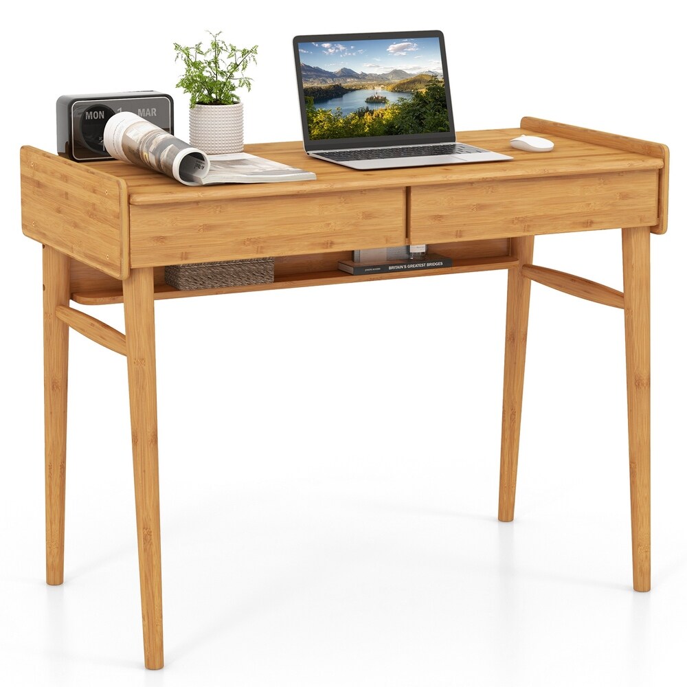 Costway Bamboo Writing Desk 39.5'' Computer Study Desk with 2 Storage