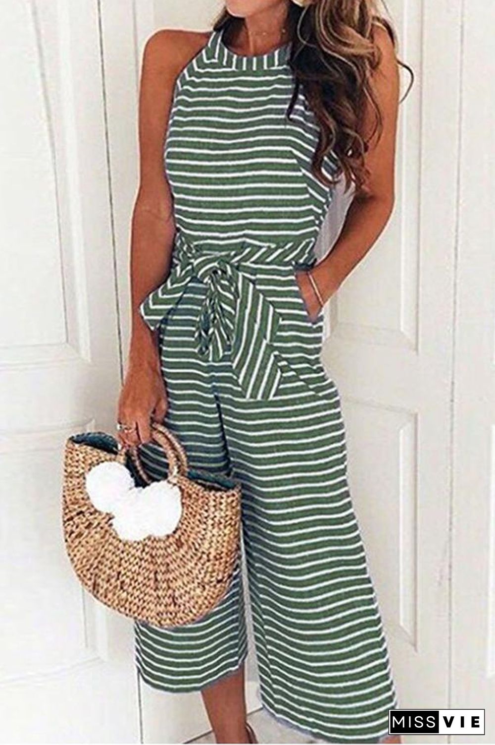 Pretty Striped Tie Waist Jumpsuit P14145