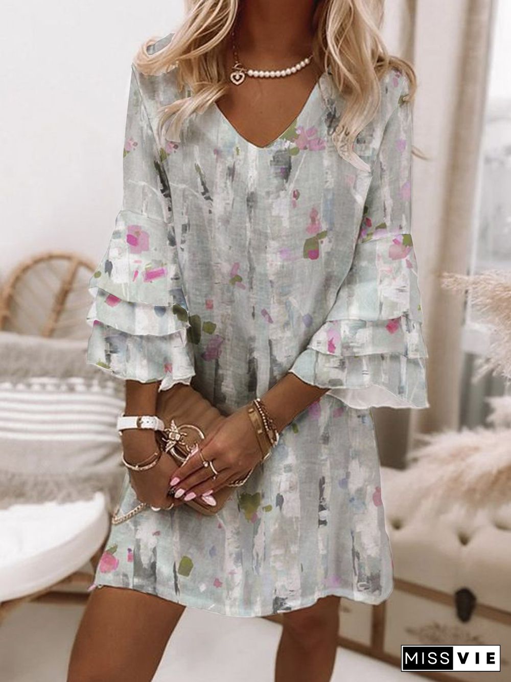 Flare Sleeve Casual Floral V Neck Short Sleeve Woven Dress