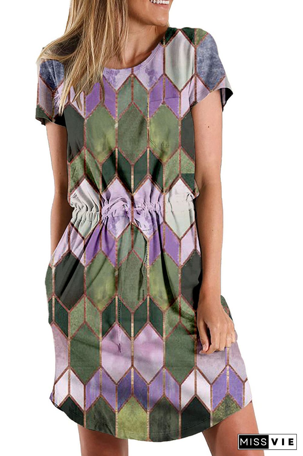 Argyle Print Drawstring Short Sleeve Geometric Dress