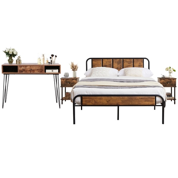 Industrial 4-pieces Bedroom Set Bed Frame Modern Nightstands Set of 2 and Makeup Desk - - 36813769