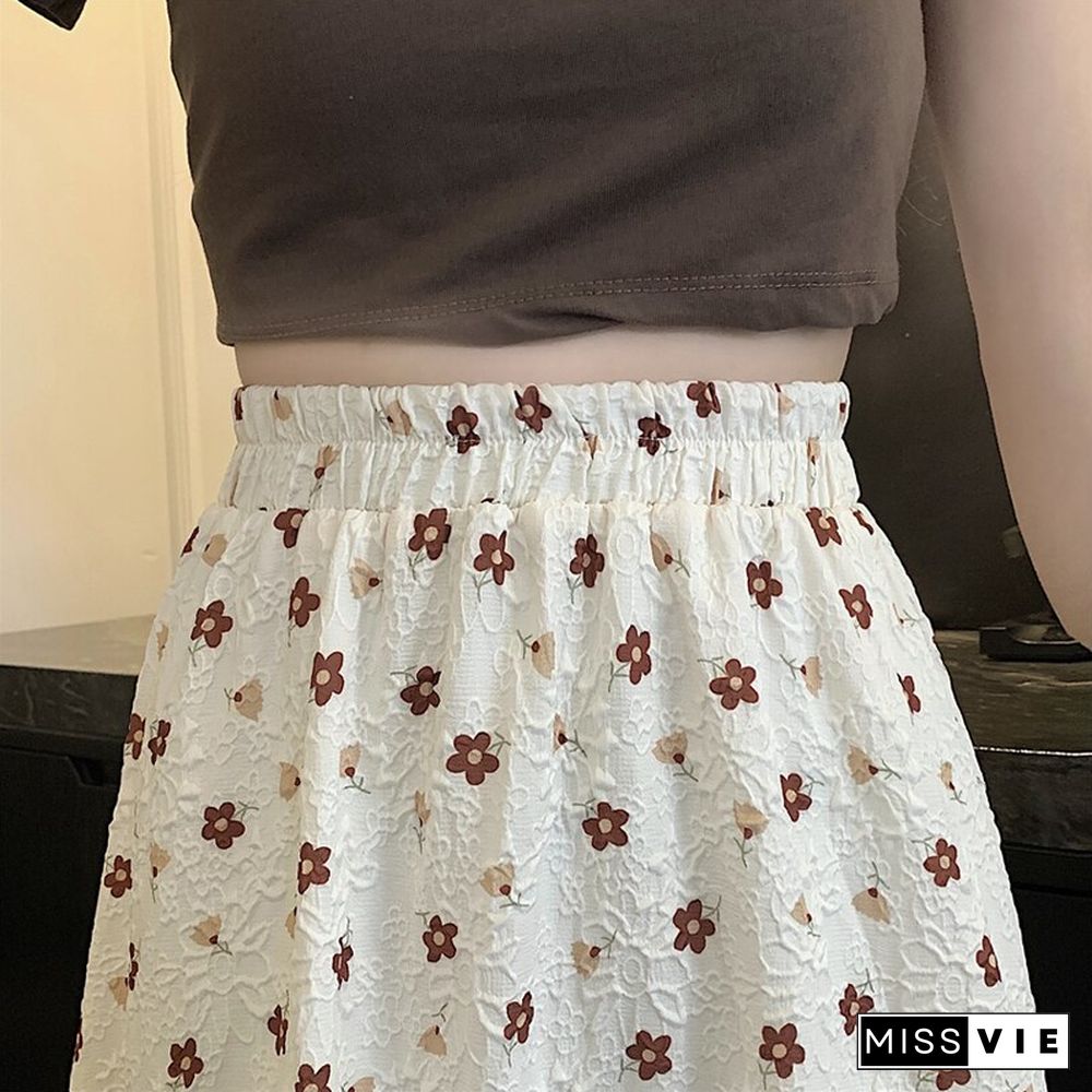 Chic Slim Women Floral Skirts Summer Vintage High Waist Elastic A-line Midi Skirts Female Casual Korean Elegant Sweet Clothing