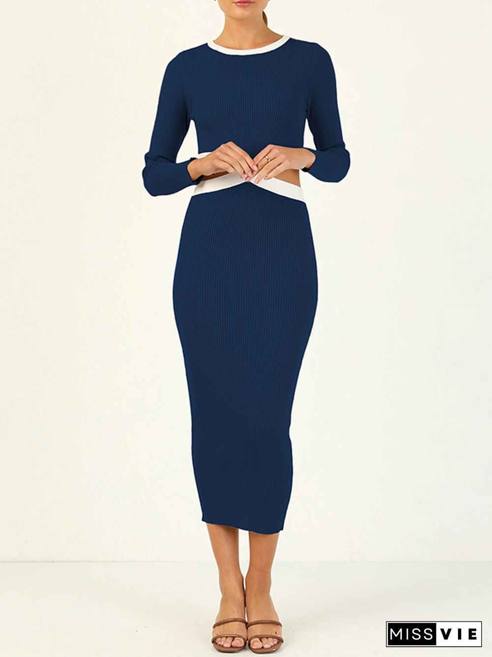 High Waisted Long Sleeves Hollow Round-Neck Midi Dresses