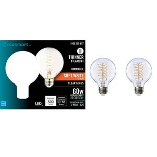 EcoSmart 60-Watt Equivalent G25 Dimmable Fine Bendy Filament LED Vintage Edison Light Bulb Soft White (2-Pack) G25C6E26827S