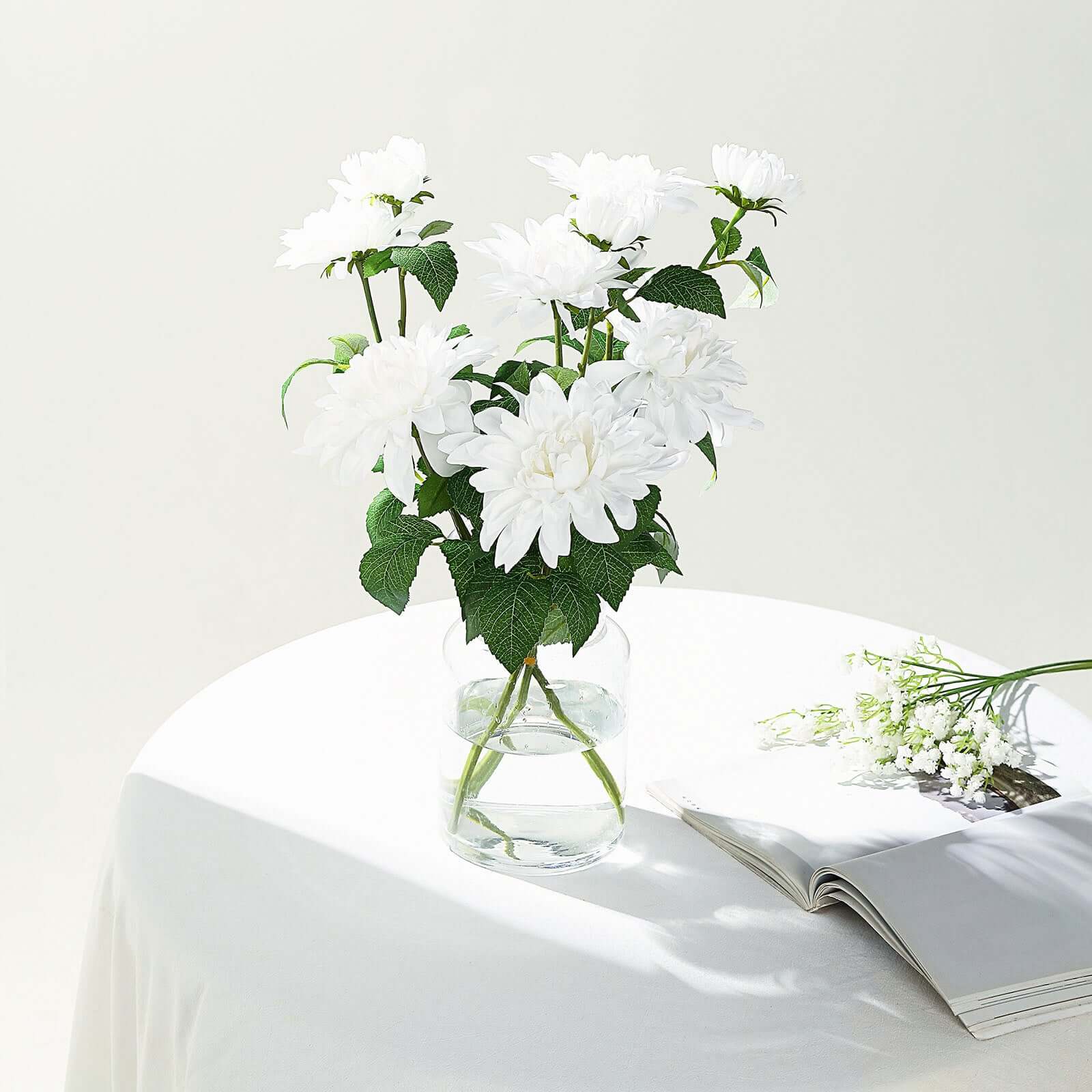 White Artificial Dahlia Silk Flower Stems, Faux Floral Spray 30