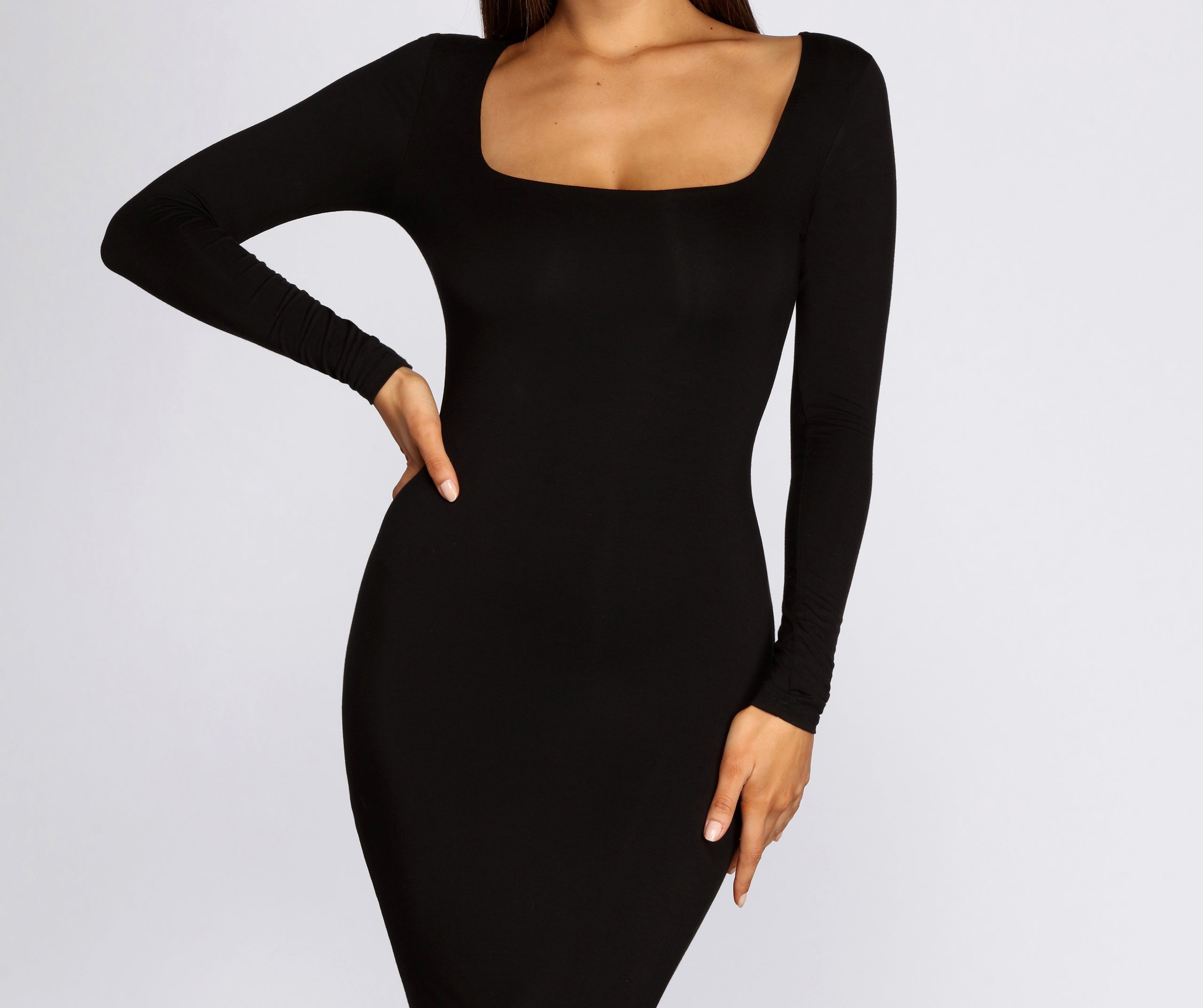 Square Neck Long Sleeve Midi Dress