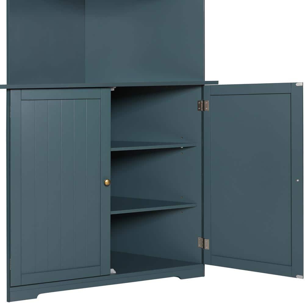 VEIKOUS 18 in W x 35 in D x 71 in H Blue Corner Linen Cabinet Storage with Adjustable Shelves and Glass Doors in Blue