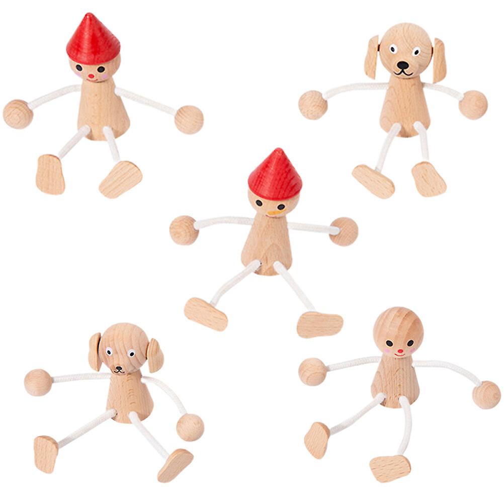 5pcs Wood Peg Dolls Movable Leg Arm Doll Animal Design Wooden Doll Desktop Decor