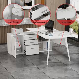 FUFUGAGA 63 in. W-28.7 in. H White Computer Desk with 3-Drawers 1-Storage Cabinet and 2-Adjustable Shelves DRF-KF210153-12