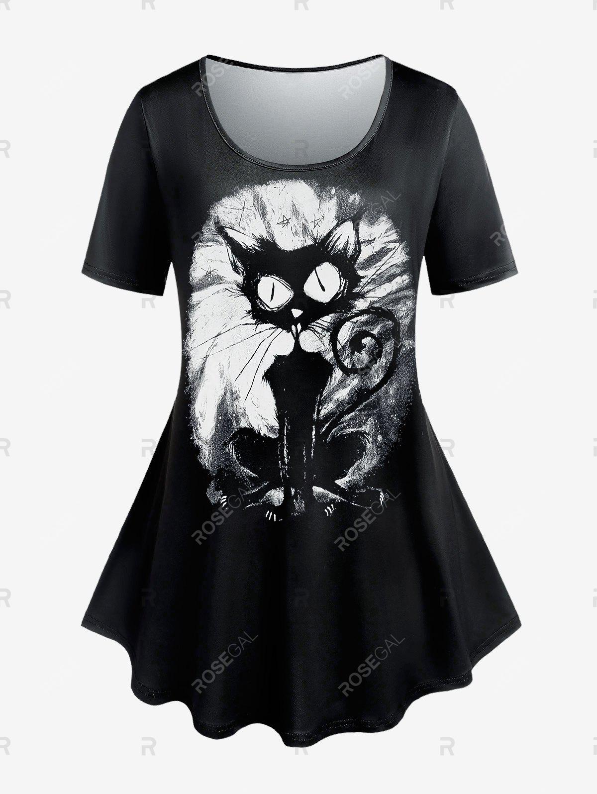 Gothic Cat Print Tee and High Waist Cat Paw Print Leggings Plus Size Summer Outfit