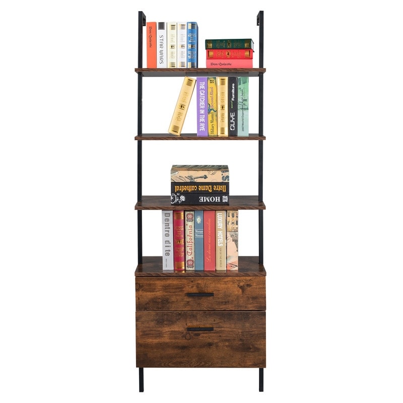 4 Tier Industrial Bookshelf with Wood Drawers and Matte Steel Frame