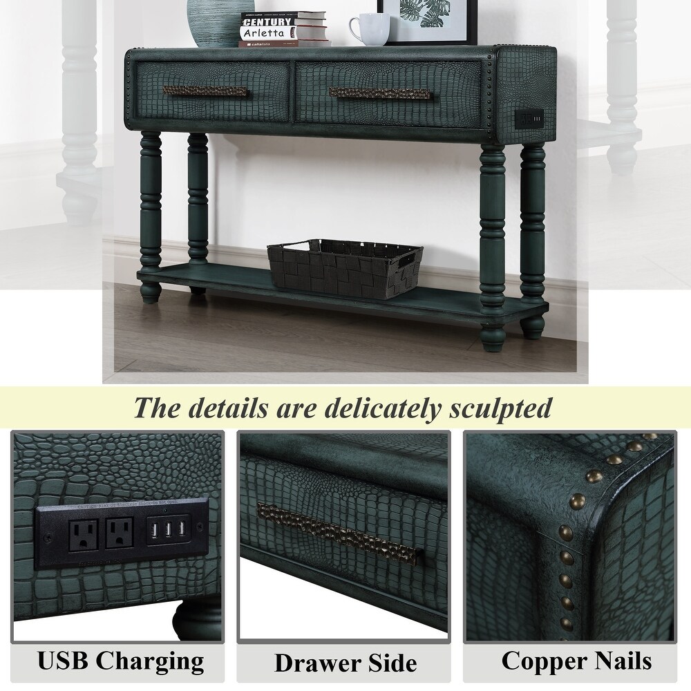 Imitation Crocodile Skin Apperance Sofa Table Wood Console Table with Two Drawers  2 Power Outlets and 2 USB Ports