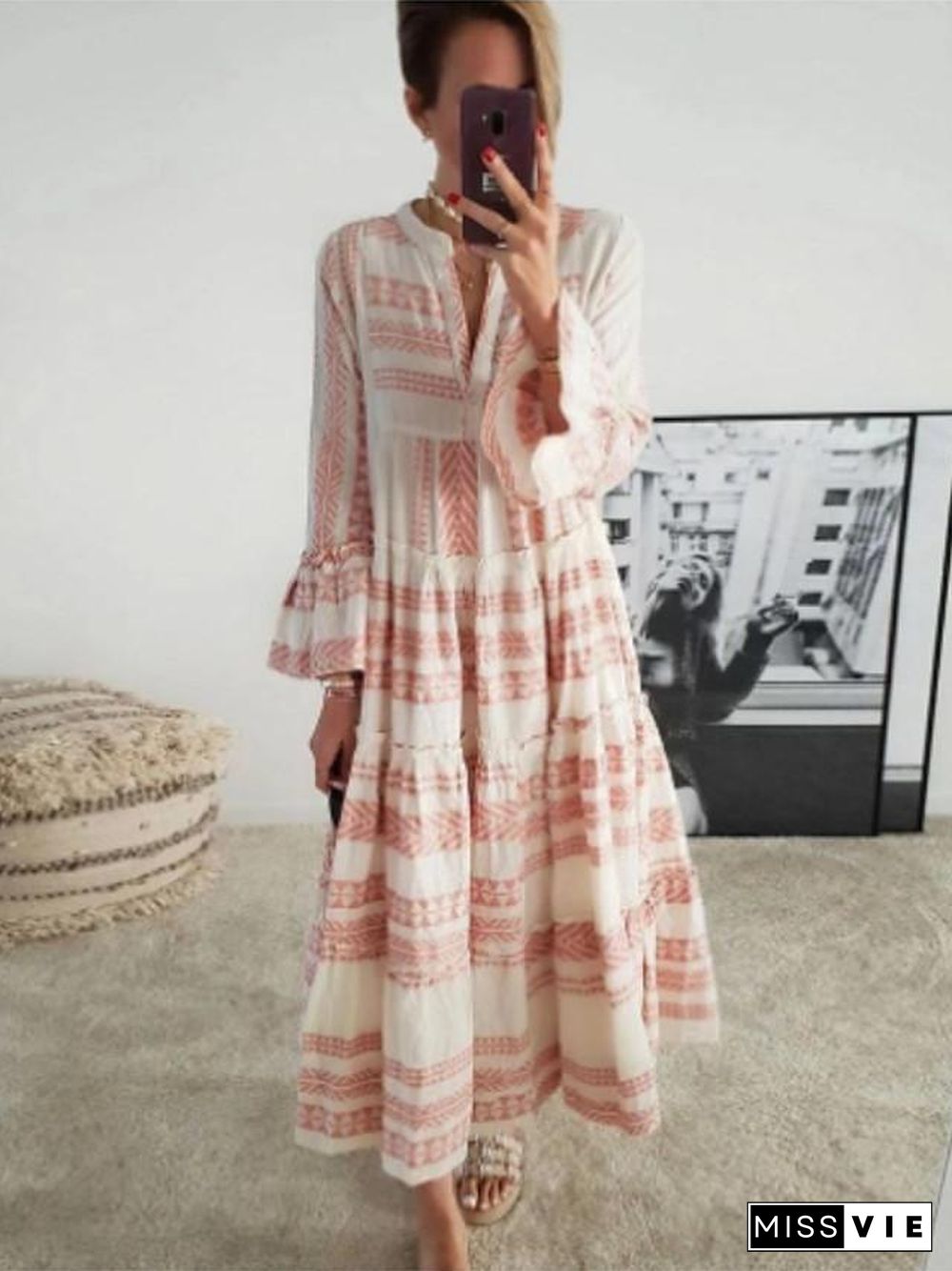 Women's Swing Dress Maxi long Dress 3/4 Length Sleeve Geometric Print Spring Summer Boho Flare Cuff Sleeve Blushing Pink Gray S M L XL XXL 3XL