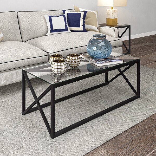 Dixon Geometric X-Base Metal and Glass Coffee Table (Optional Finishes)