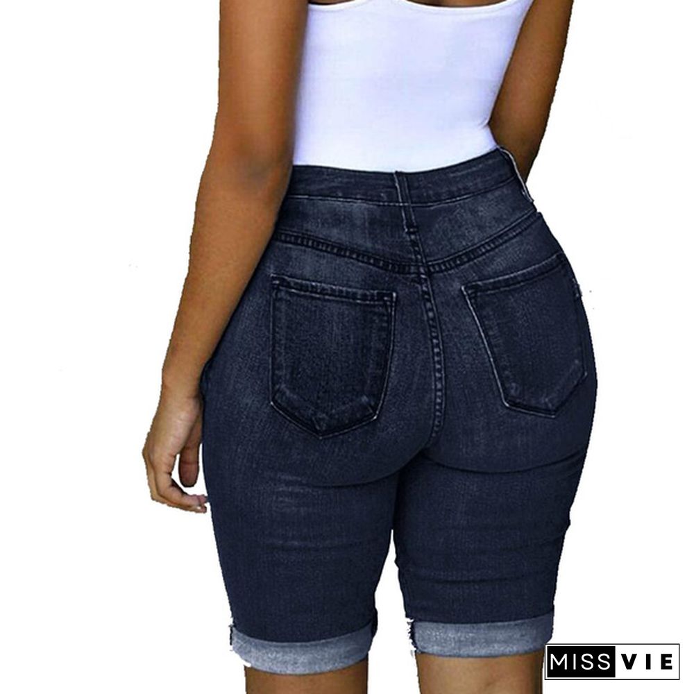 Women Casual Street Style Half Blue Denim Shorts Stretch Pants Slim Boyfriend Ripped Hole Jeans