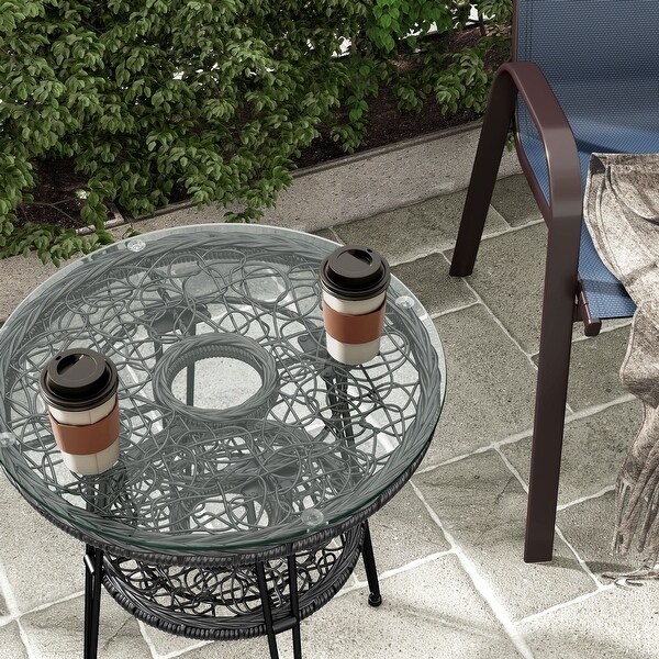 Dana Boho 19inch Outdoor Patio Wicker Round Coffee Table with Tempered Glass Top and Metal Legs by MandL Co.