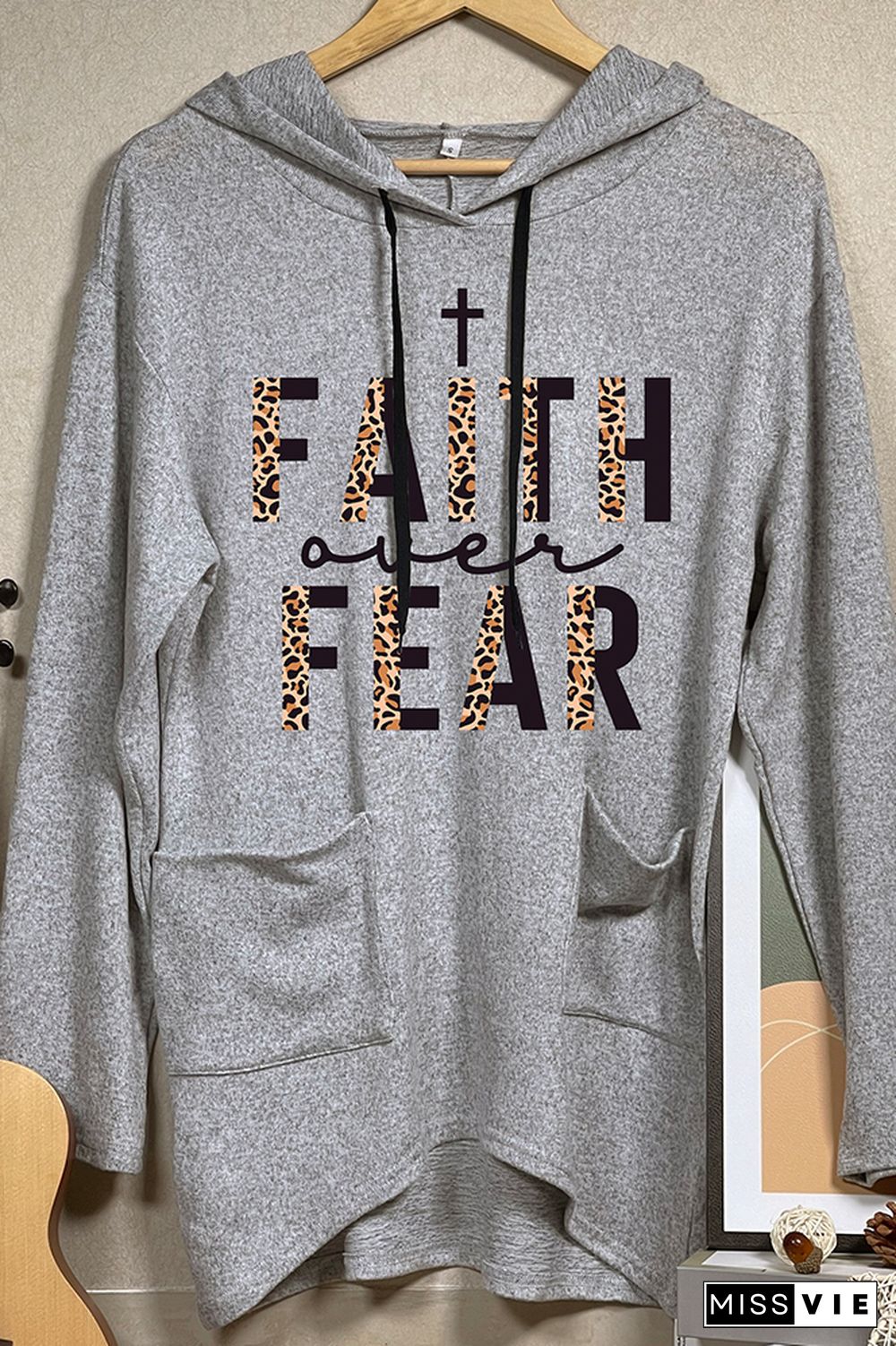 Faith Over Fear Half Leopard Black Print Pockets Hooded Dress Wholesale