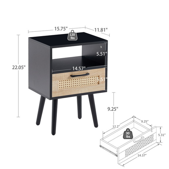 15.75 Rattan End Table with Drawer and Solid Wood...