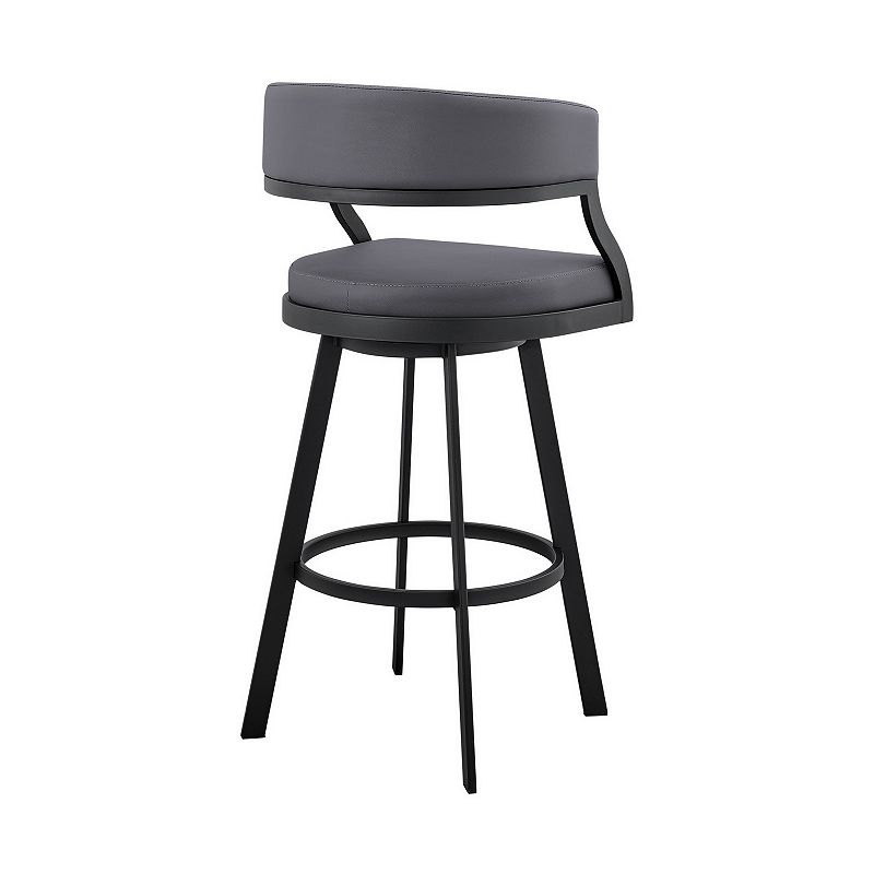 Beth 30 Inch Bar Stool， Curved Back， Swivel Chair， Vegan Faux Leather， Gray