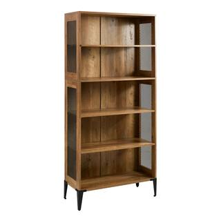 Welwick Designs 68 in. Reclaimed Barnwood and Metal Mesh Industrial 4-Shelf Standard Bookcase with 3-Adjustable Shelves HD8914