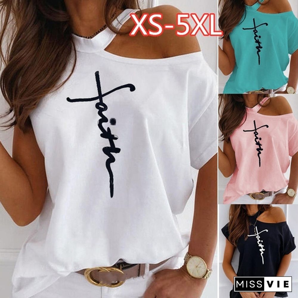 Plus Size Off Shoulder Print T Shirt Women Loose Casual Summer T-shirt Short Sleeve Cotton Tops