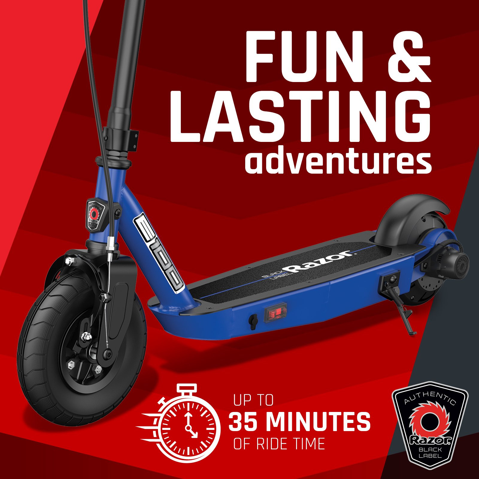 Razor Black Label E100 Electric Scooter, 8′′ Pneumatic Front Tire, 90W Power Core High-Torque Hub Motor, Blue