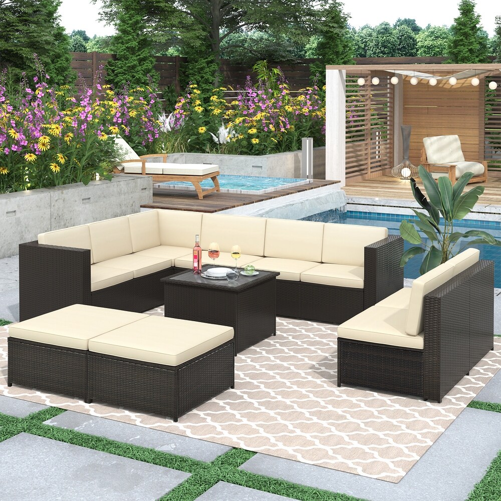 9 PCS Rattan Sectional Seating Group with Cushions   Ottoman  Outdoor Wicker Sofa Set with Table for Garden  Backyard Beige