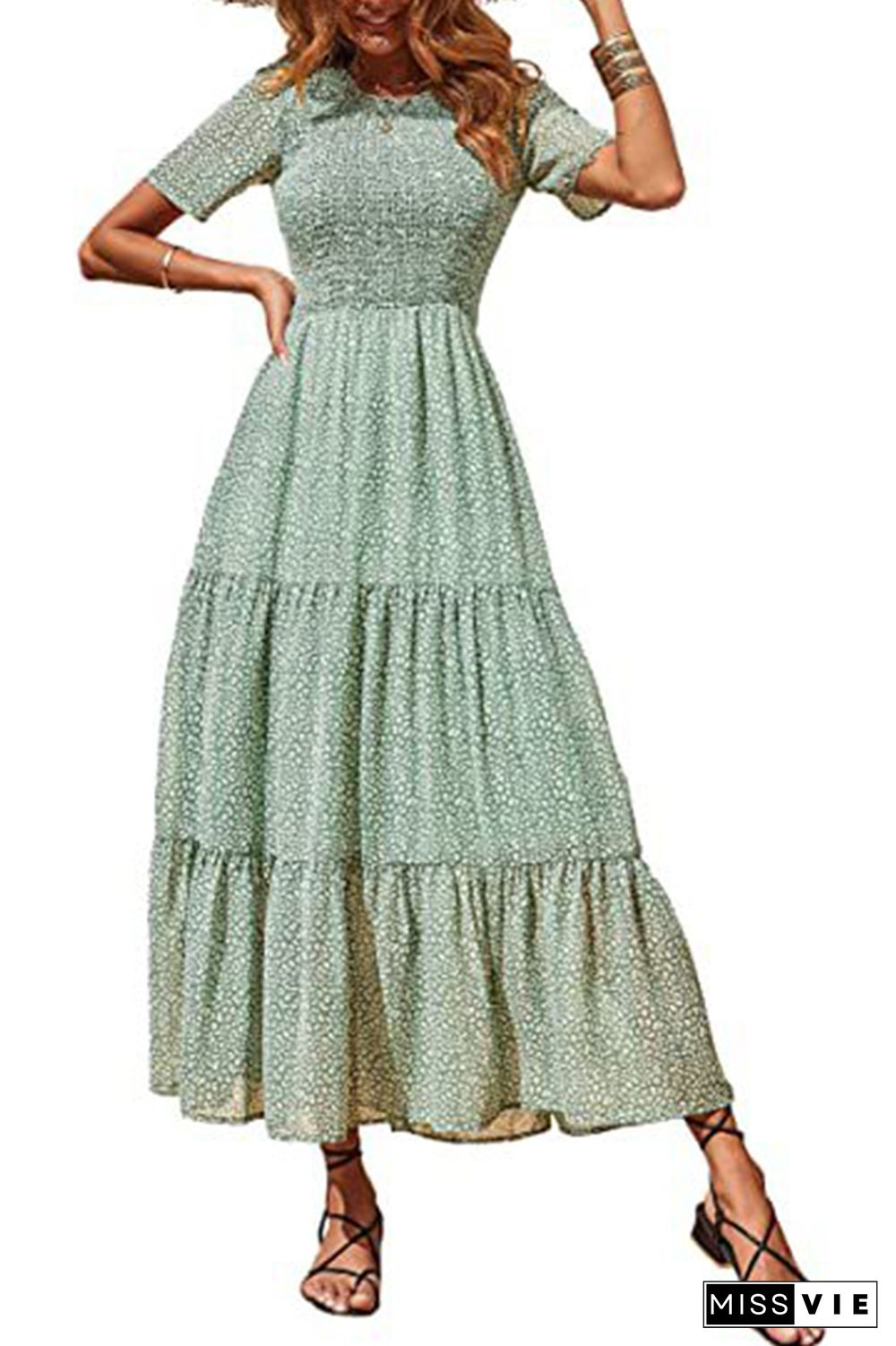 Floral Print Short Sleeve O Neck Long Dress Wholesale