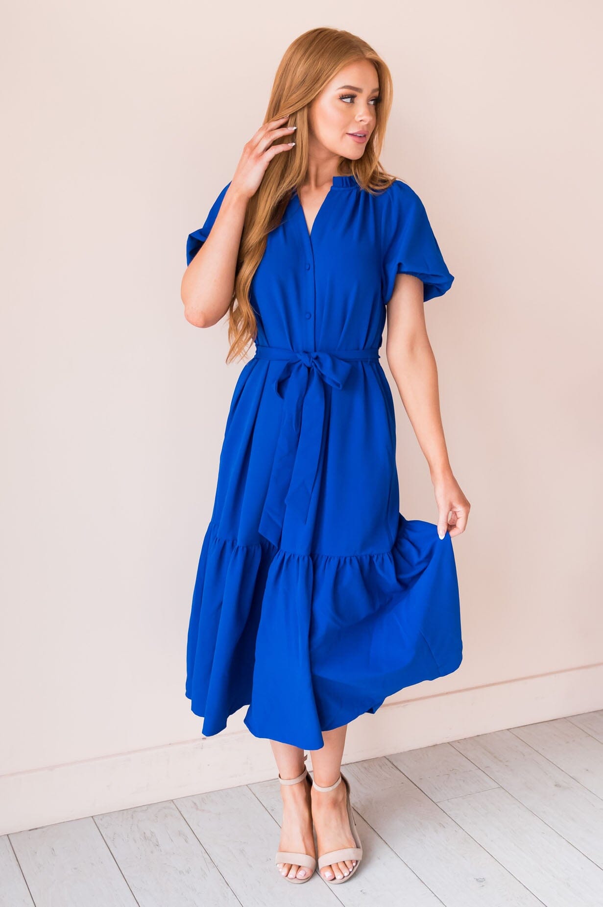 Alaska V-neck Puff Sleeve Spring Dress-Diamond Blue