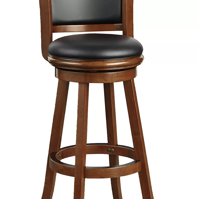 Pio 34 Inch Extra Tall Swivel Bar Stool， Wood， Faux Leather， Cherry Brown