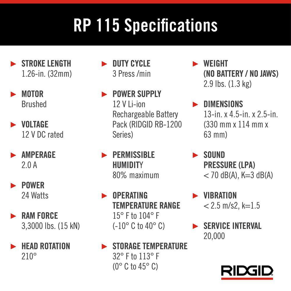 RIDGID RP 115 Mini Press Tool Kit for 12 in. - 34 in. Copper  Stainless Fittings with 12V Li-Ion Battery (Includes 6 Items) 72553