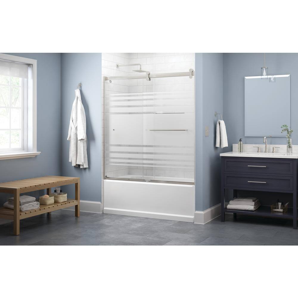 Delta Simplicity 60 x 58-34 in. Frameless Contemporary Sliding Bathtub Door in Nickel with Transition Glass 2439283