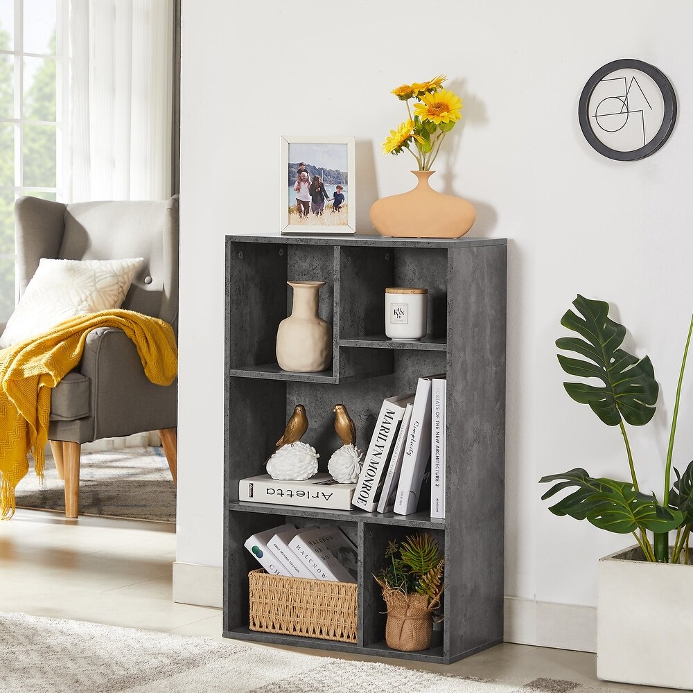 VECELO  Widened Version，(Set of 2)2 Tier Five Open Cube Wooden Bookcase Organizer  Bookshelf