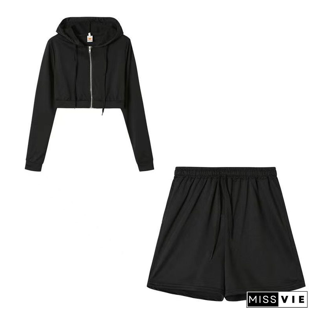 Zipper Hooded Sweatshirt Crop Top Shorts Tracksuit