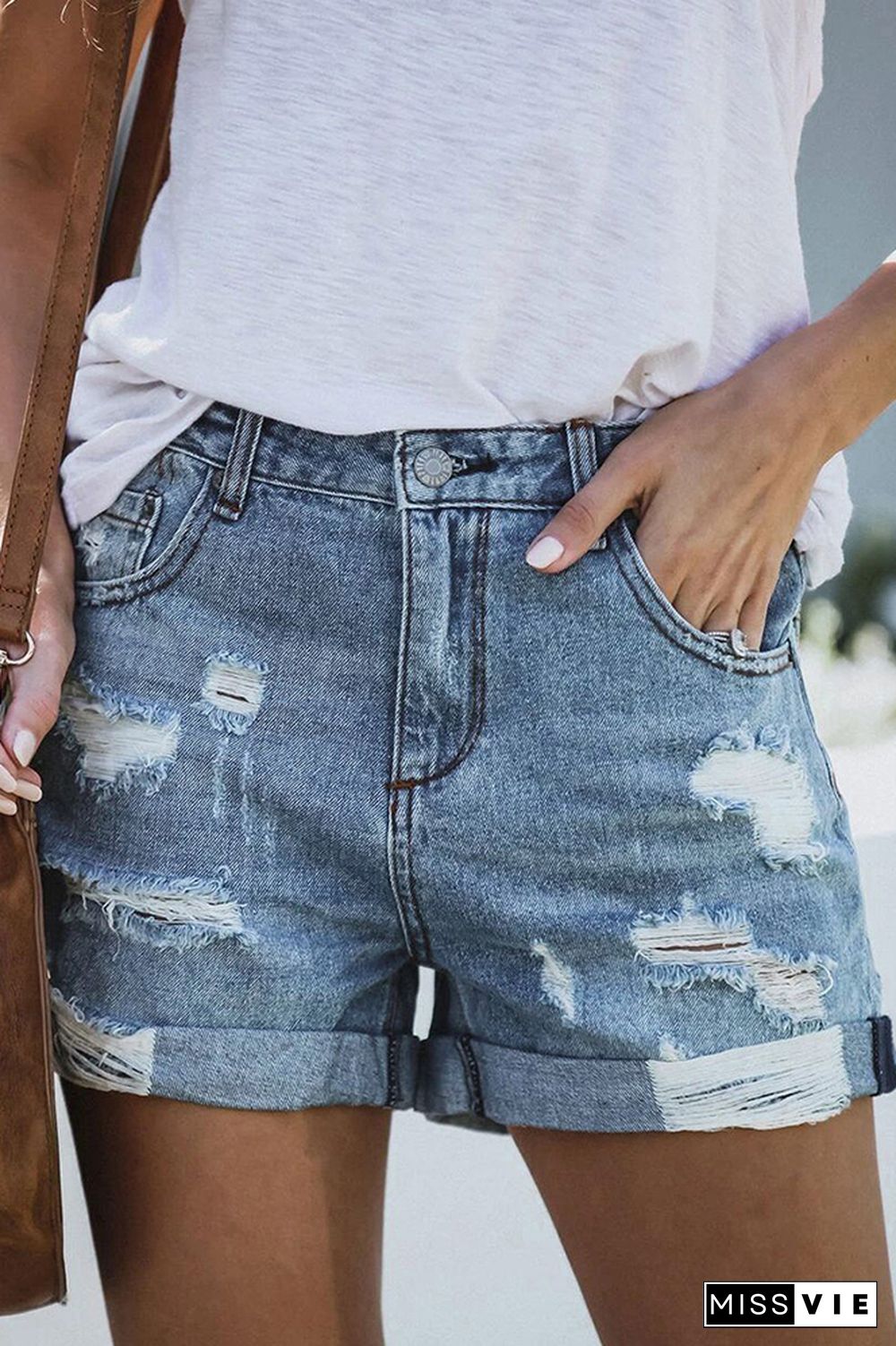 High Waist Stretch Ripped Denim Shorts Wholesale