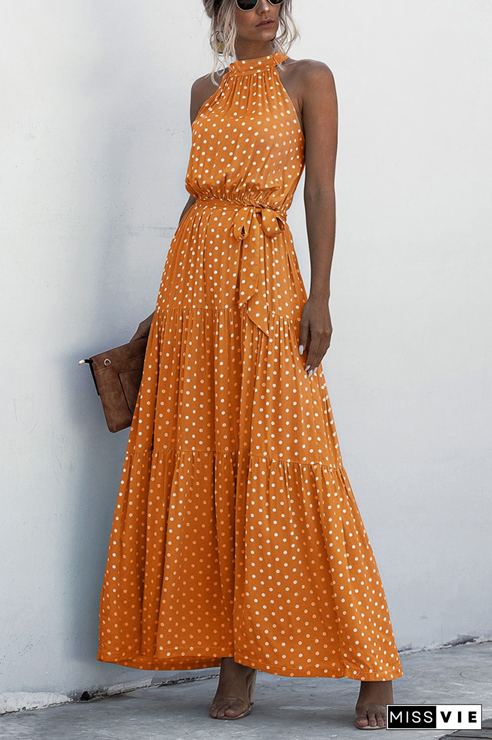 Halter Polka Dot Print Tie Waist Maxi Dress Wholesale